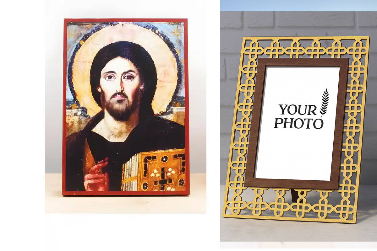 Σετ 2 τεμαχίων – Εικόνα Ορθοδοξίας Πολυτελείας  με  σχεδιο Σταυρούς μαζι με  Βάση σε  8 χρώματα με περίγραμμα χρυσό σε ξύλο Plywood (Πλακάζ)   με  βάση Ιησούς Χριστός του Σίνα, Ξύλινη Χειροποίητη Εικόνα Ελληνικού Premium Βυζαντινού Στυλ Κρεμασμένο σε ξύλι