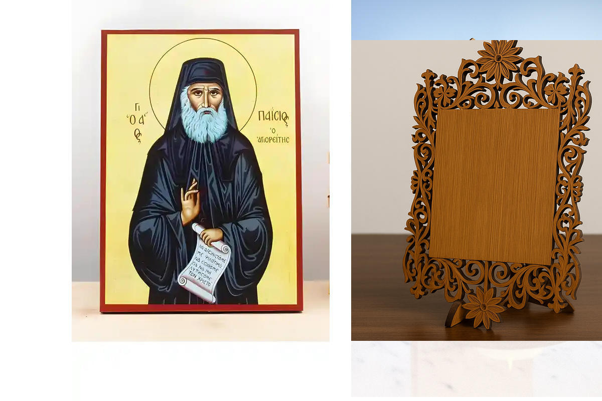 Εικόνα Ορθοδοξίας Δαντέλα μαζι με  Βάση σε  8 χρώματα με περίγραμμα χρυσό σε ξύλο Plywood (Πλακάζ)   με  βάση Άγιος Παΐσιος ο Αγιορείτης, Ξύλινη Χειροποίητη Εικόνα Ελληνικού Premium Βυζαντινού Στυλ Κρεμαστή σε ξύλινη πλάκα Θρησκευτικό θέμα Χειροποίητη Ελλ