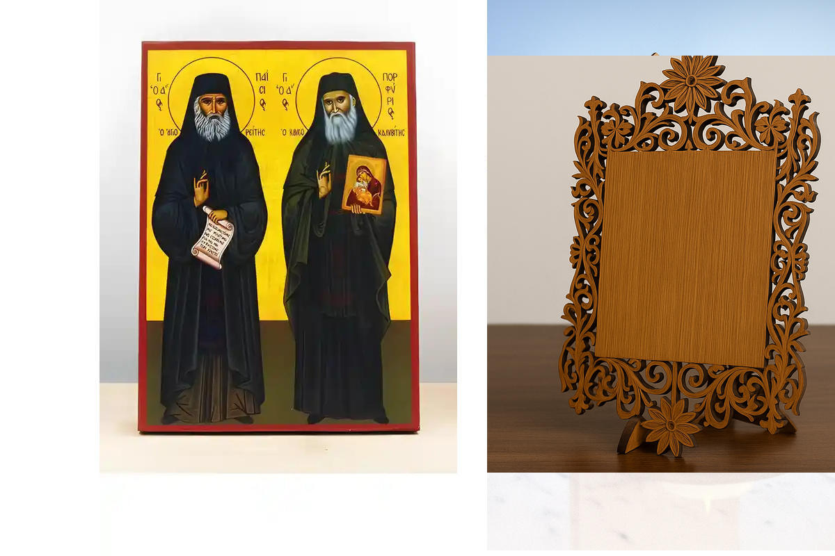 Εικόνα Ορθοδοξίας Δαντέλα μαζι με  Βάση σε  8 χρώματα με περίγραμμα χρυσό σε ξύλο Plywood (Πλακάζ)   με  βάση Άγιοι Παΐσιος του Αγίου Όρους &amp; Πορφύριος Καυσοκαλυβίων, Ξύλινη Χειροποίητη Εικόνα Ελληνικής Βυζαντινής Στυλ Κρεμαστή σε ξύλινη πλάκα Χειροπο