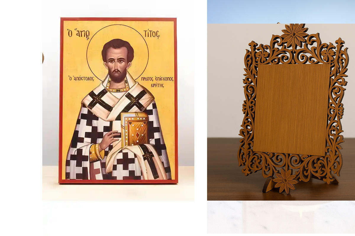 Εικόνα Ορθοδοξίας Δαντέλα μαζι με  Βάση σε  8 χρώματα με περίγραμμα χρυσό σε ξύλο Plywood (Πλακάζ)   με  βάση Άγιος Απόστολος Τίτος πρώτος Επίσκοπος Κρήτης, Ξύλινη Χειροποίητη Εικόνα Ελληνικής Κορυφαίας Βυζαντινής Στυλ Κρεμαστή σε ξύλινη πλάκα Θρησκευτικό
