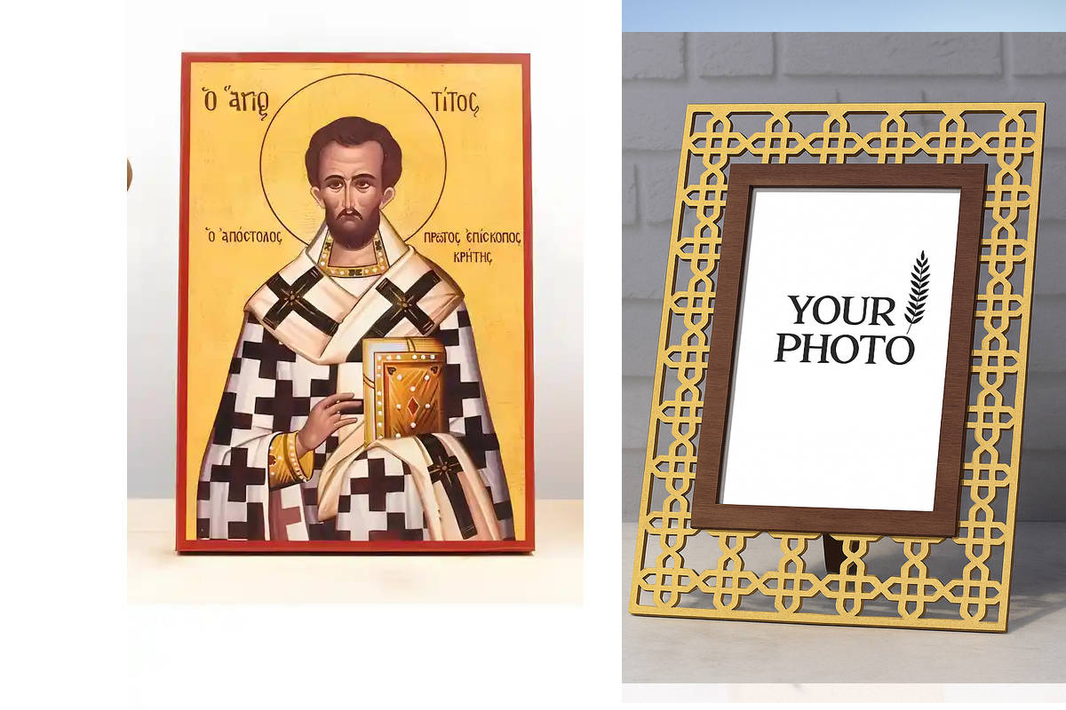 Εικόνα Ορθοδοξίας Πολυτελείας  με  σχεδιο Σταυρούς μαζι με  Βάση σε  8 χρώματα με περίγραμμα χρυσό σε ξύλο Plywood (Πλακάζ)   με  βάση Άγιος Απόστολος Τίτος πρώτος Επίσκοπος Κρήτης, Ξύλινη Χειροποίητη Εικόνα Ελληνικής Κορυφαίας Βυζαντινής Στυλ Κρεμαστή σε