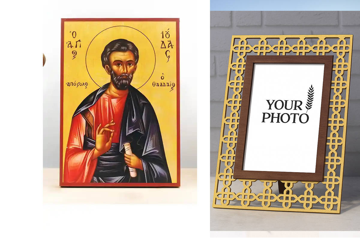 Εικόνα Ορθοδοξίας Πολυτελείας  με  σχεδιο Σταυρούς μαζι με  Βάση σε  8 χρώματα με περίγραμμα χρυσό σε ξύλο Plywood (Πλακάζ)   με  βάση Άγιος Απόστολος Ιούδας Θαδδαίος, Ξύλινη Χειροποίητη Εικόνα Ελληνικού Premium Βυζαντινού Στυλ Κρεμαστή σε ξύλινη πλάκα Θρ