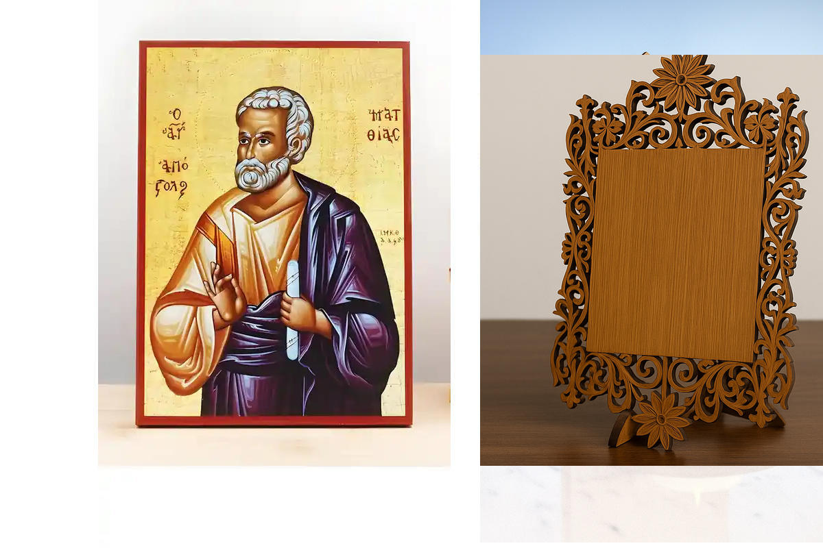 Σετ 2 τεμαχίων – Εικόνα Ορθοδοξίας Δαντέλα μαζι με  Βάση σε  8 χρώματα με περίγραμμα χρυσό σε ξύλο Plywood (Πλακάζ)   με  βάση Άγιος Απόστολος Ματθίας, Ξύλινη Χειροποίητη Εικόνα Ελληνικού Premium Βυζαντινού Στυλ Κρεμαστή σε ξύλινη πλάκα Θρησκευτικό θέμα Χ