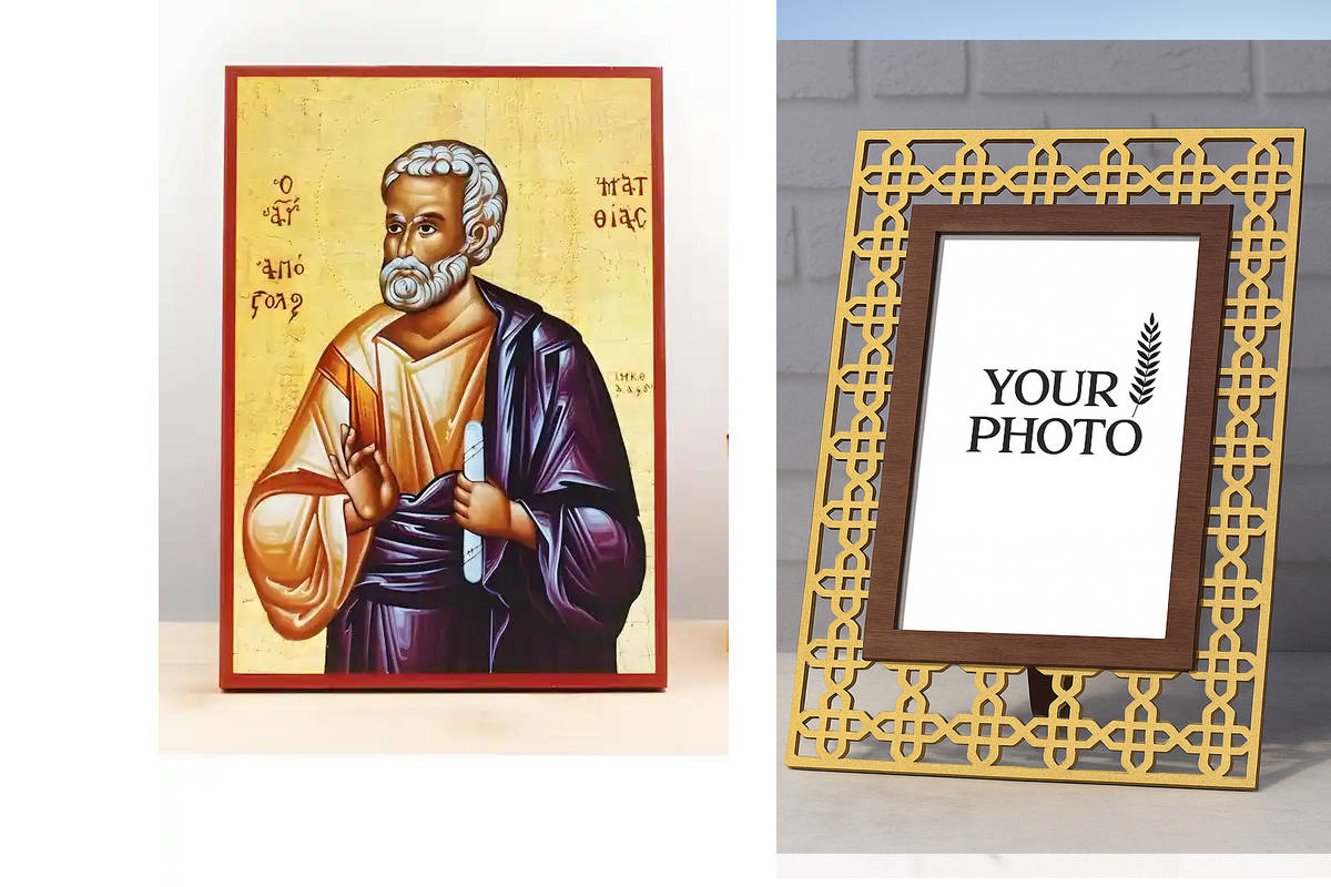 Εικόνα Ορθοδοξίας Πολυτελείας  με  σχεδιο Σταυρούς μαζι με  Βάση σε  8 χρώματα με περίγραμμα χρυσό σε ξύλο Plywood (Πλακάζ)   με  βάση Άγιος Απόστολος Ματθίας, Ξύλινη Χειροποίητη Εικόνα Ελληνικού Premium Βυζαντινού Στυλ Κρεμαστή σε ξύλινη πλάκα Θρησκευτικ