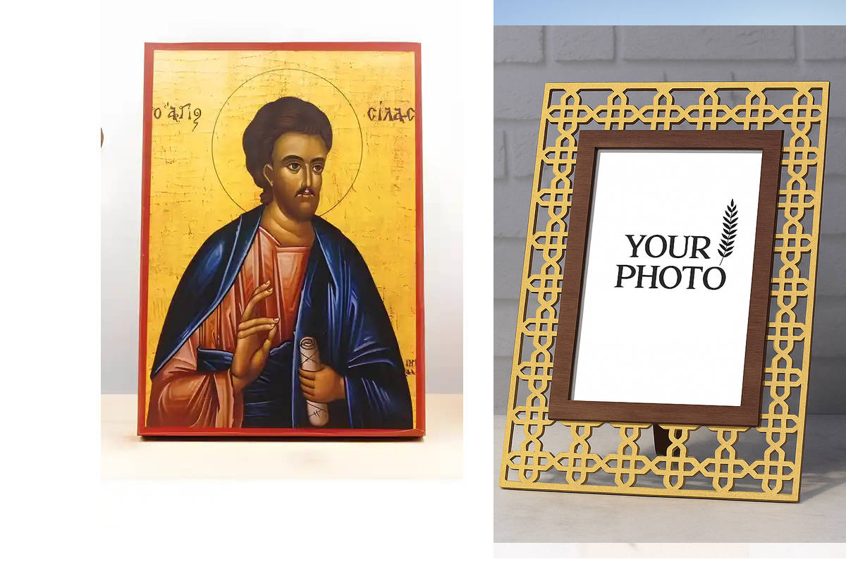 Εικόνα Ορθοδοξίας Πολυτελείας  με  σχεδιο Σταυρούς μαζι με  Βάση σε  8 χρώματα με περίγραμμα χρυσό σε ξύλο Plywood (Πλακάζ)   με  βάση Άγιος Απόστολος Σίλας «Σιλβανός», Ξύλινη Χειροποίητη Εικόνα Ελληνικού Βυζαντινού Στυλ Κρεμαστή σε Ξύλινη Πλάκα Θρησκευτι