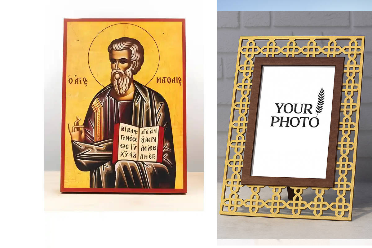 Εικόνα Ορθοδοξίας Πολυτελείας  με  σχεδιο Σταυρούς μαζι με  Βάση σε  8 χρώματα με περίγραμμα χρυσό σε ξύλο Plywood (Πλακάζ)   με  βάση Άγιος Απόστολος Ματθαίος ο Ευαγγελιστής, Ξύλινη Χειροποίητη Εικόνα Ελληνικής Κορυφαίας Βυζαντινής Στυλ Κρεμαστή σε ξύλιν