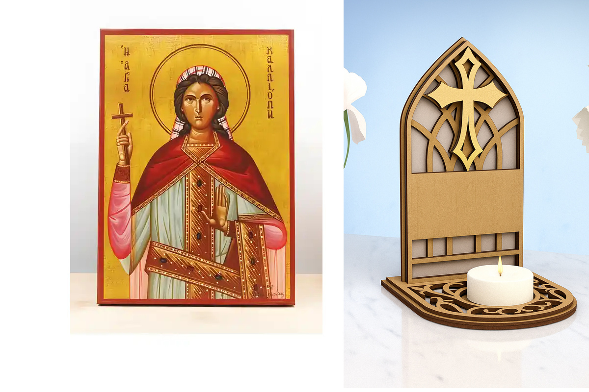 Εικόνα Ορθοδοξίας Καντηλάκι σε  8 χρώματα με περίγραμμα χρυσό σε ξύλο Plywood (Πλακάζ)   με  βάση Αγία Καλλιόπη «Καλλιόπη», Ξύλινη Χειροποίητη Εικόνα Ελληνικού Βυζαντινού Στυλ Κρεμαστή σε ξύλινη πλάκα Χειροποίητη Ελληνορθόδοξη εικόνα του Ιησού Χριστού, Κρ