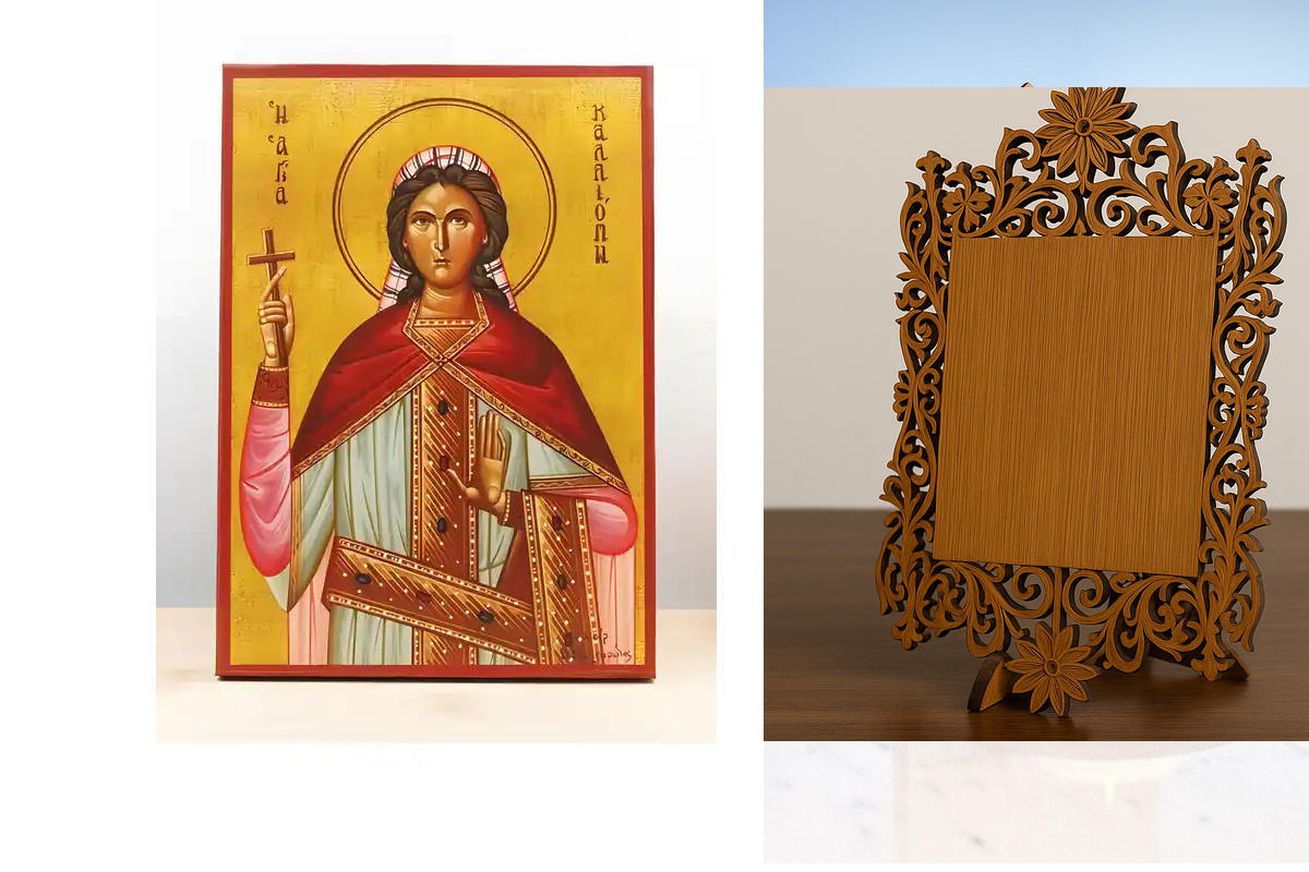 Εικόνα Ορθοδοξίας Δαντέλα μαζι με  Βάση σε  8 χρώματα με περίγραμμα χρυσό σε ξύλο Plywood (Πλακάζ)   με  βάση Αγία Καλλιόπη «Καλλιόπη», Ξύλινη Χειροποίητη Εικόνα Ελληνικού Βυζαντινού Στυλ Κρεμαστή σε ξύλινη πλάκα Χειροποίητη Ελληνορθόδοξη εικόνα του Ιησού