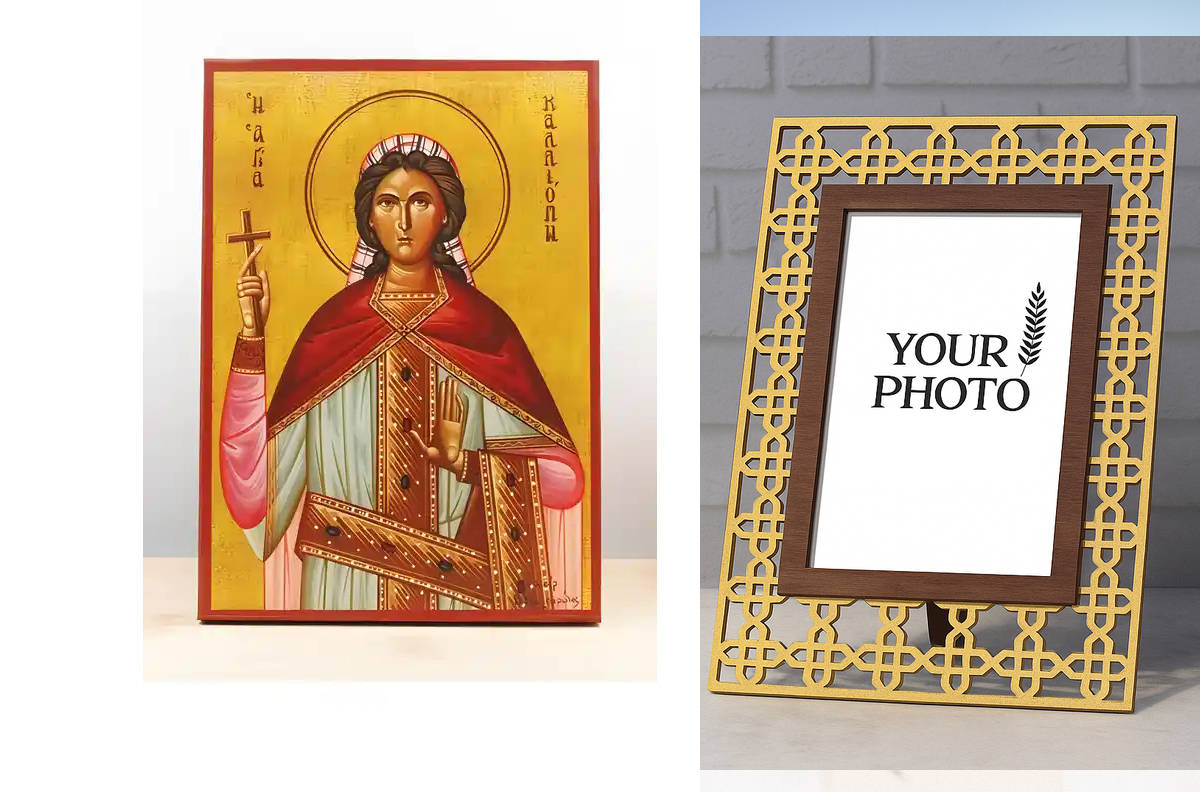 Εικόνα Ορθοδοξίας Πολυτελείας  με  σχεδιο Σταυρούς μαζι με  Βάση σε  8 χρώματα με περίγραμμα χρυσό σε ξύλο Plywood (Πλακάζ)   με  βάση Αγία Καλλιόπη «Καλλιόπη», Ξύλινη Χειροποίητη Εικόνα Ελληνικού Βυζαντινού Στυλ Κρεμαστή σε ξύλινη πλάκα Χειροποίητη Ελλην