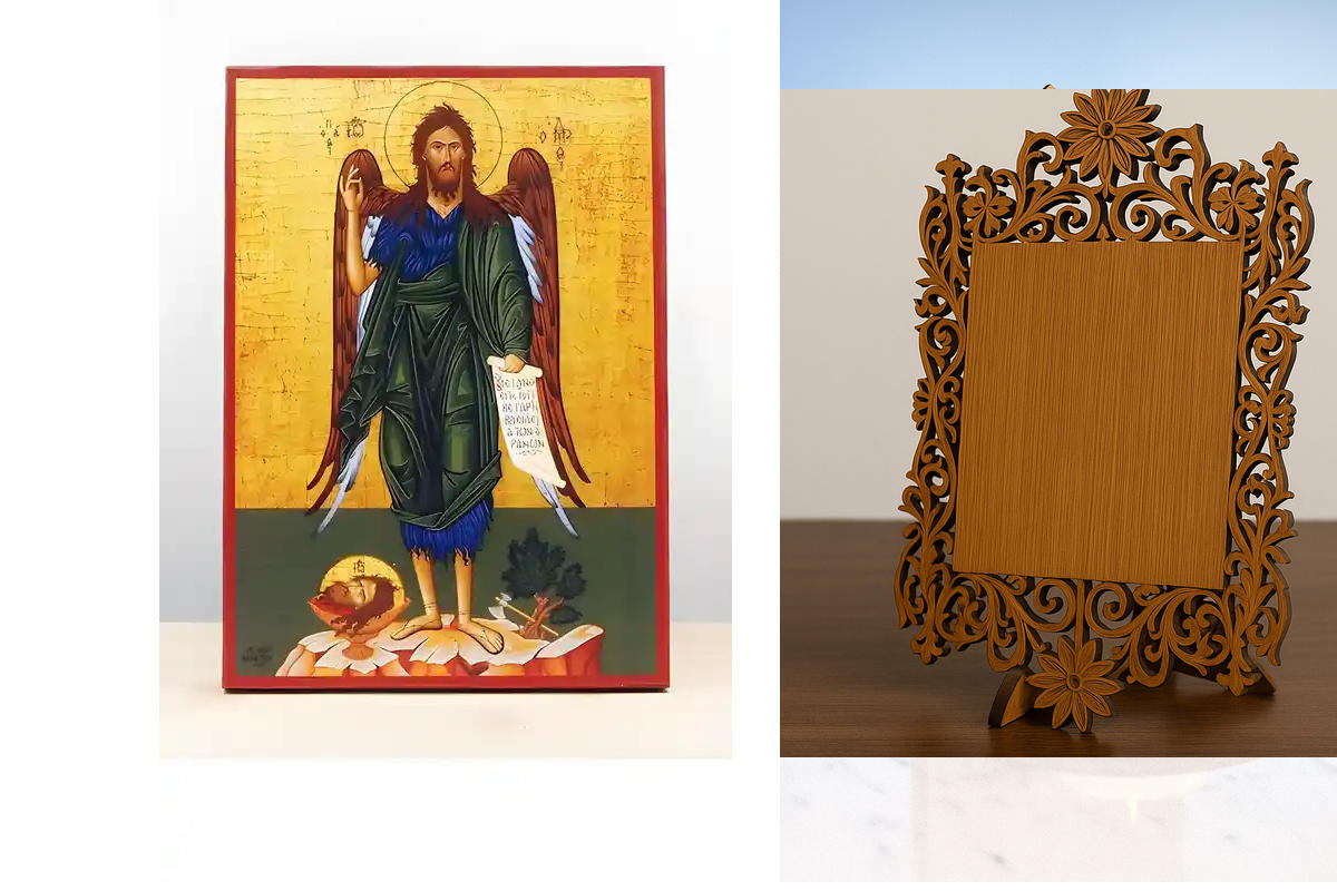 Εικόνα Ορθοδοξίας Δαντέλα μαζι με  Βάση σε  8 χρώματα με περίγραμμα χρυσό σε ξύλο Plywood (Πλακάζ)   με  βάση Άγιος Ιωάννης ο Βαπτιστής Άγγελος της Ερήμου, Ξύλινη Χειροποίητη Εικόνα Ελληνικού Premium Βυζαντινού Στυλ Κρεμασμένο σε ξύλινη πλάκα Θρησκευτικό