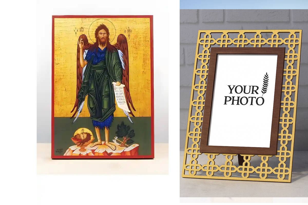 Σετ 2 τεμαχίων – Εικόνα Ορθοδοξίας Πολυτελείας  με  σχεδιο Σταυρούς μαζι με  Βάση σε  8 χρώματα με περίγραμμα χρυσό σε ξύλο Plywood (Πλακάζ)   με  βάση Άγιος Ιωάννης ο Βαπτιστής Άγγελος της Ερήμου, Ξύλινη Χειροποίητη Εικόνα Ελληνικού Premium Βυζαντινού Στ