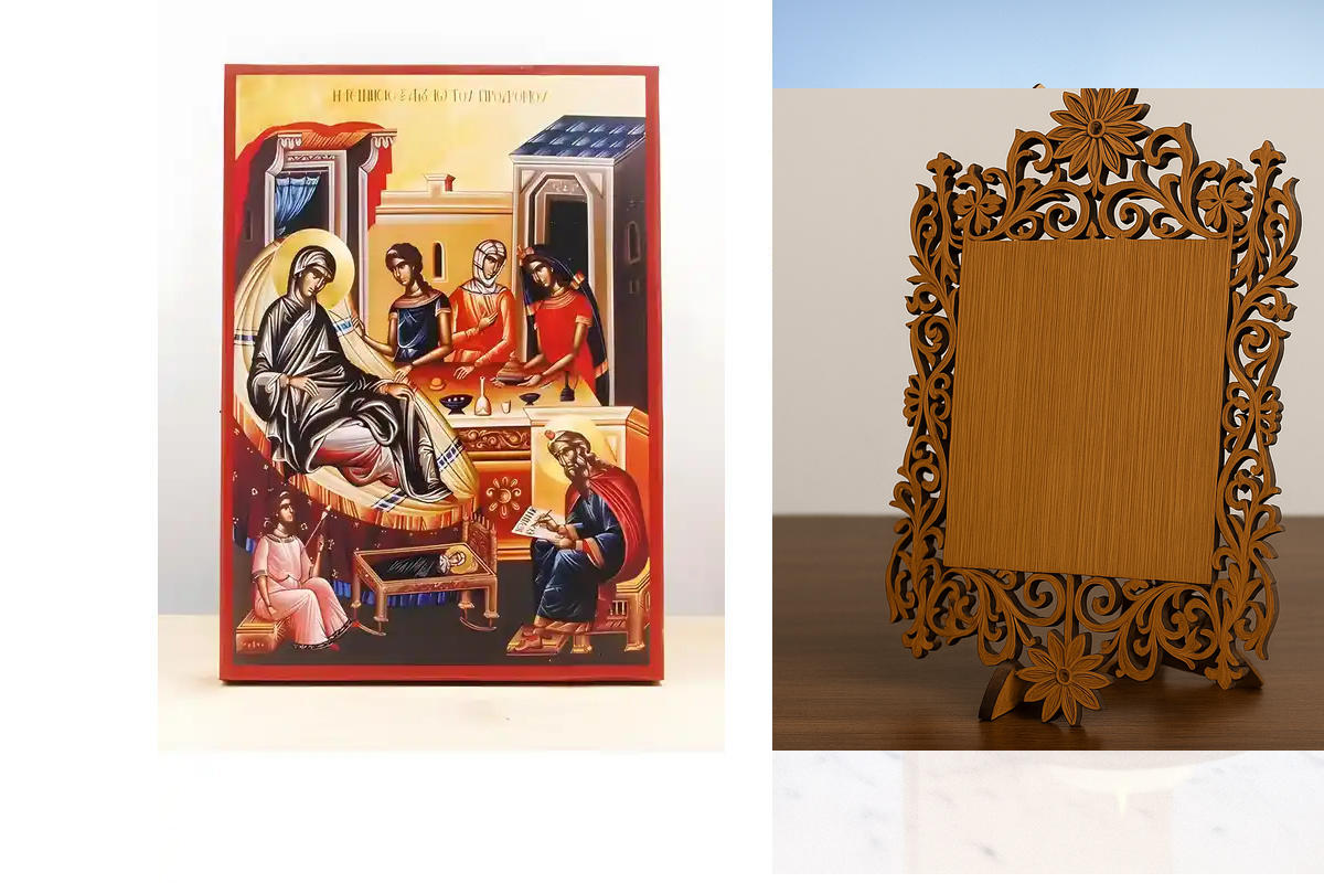 Σετ 2 τεμαχίων – Εικόνα Ορθοδοξίας Δαντέλα μαζι με  Βάση σε  8 χρώματα με περίγραμμα χρυσό σε ξύλο Plywood (Πλακάζ)   με  βάση Γέννηση του Αγίου Ιωάννη του Βαπτιστή, Ξύλινη Χειροποίητη Εικόνα Ελληνικού Premium Βυζαντινού Στυλ Κρεμαστή σε ξύλινη πλάκα Θρησ