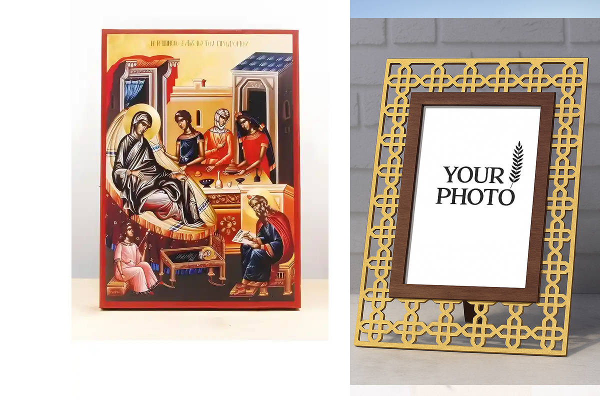 Εικόνα Ορθοδοξίας Πολυτελείας  με  σχεδιο Σταυρούς μαζι με  Βάση σε  8 χρώματα με περίγραμμα χρυσό σε ξύλο Plywood (Πλακάζ)   με  βάση Γέννηση του Αγίου Ιωάννη του Βαπτιστή, Ξύλινη Χειροποίητη Εικόνα Ελληνικού Premium Βυζαντινού Στυλ Κρεμαστή σε ξύλινη πλ