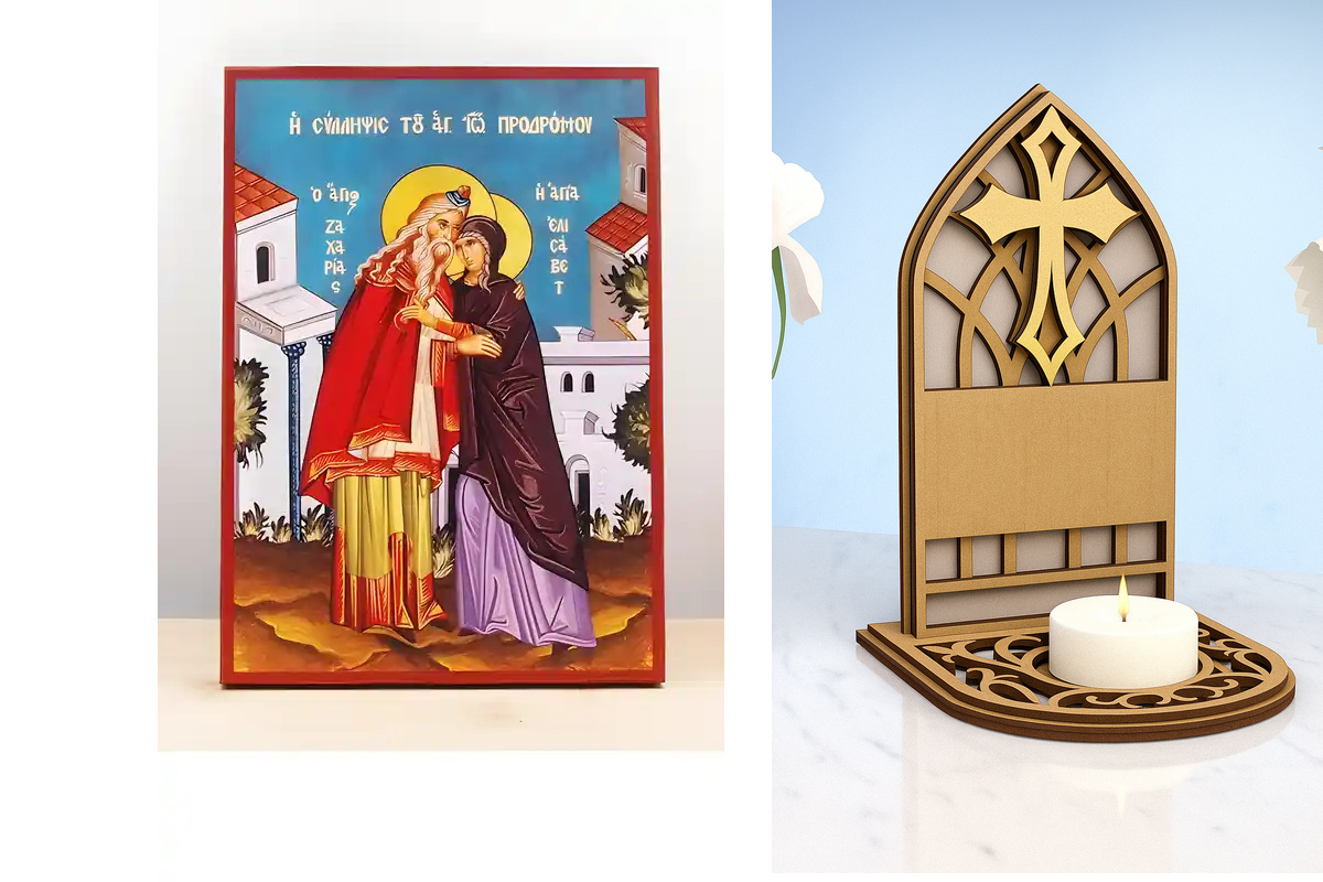 Εικόνα Ορθοδοξίας Καντηλάκι σε  8 χρώματα με περίγραμμα χρυσό σε ξύλο Plywood (Πλακάζ)   με  βάση Η σύλληψη του Αγίου Ιωάννη του Βαπτιστή, Ξύλινη Χειροποίητη Εικόνα Ελληνικού Premium Βυζαντινού Στυλ Κρεμασμένο σε ξύλινη πλάκα Θρησκευτικό θέμα Χειροποίητη