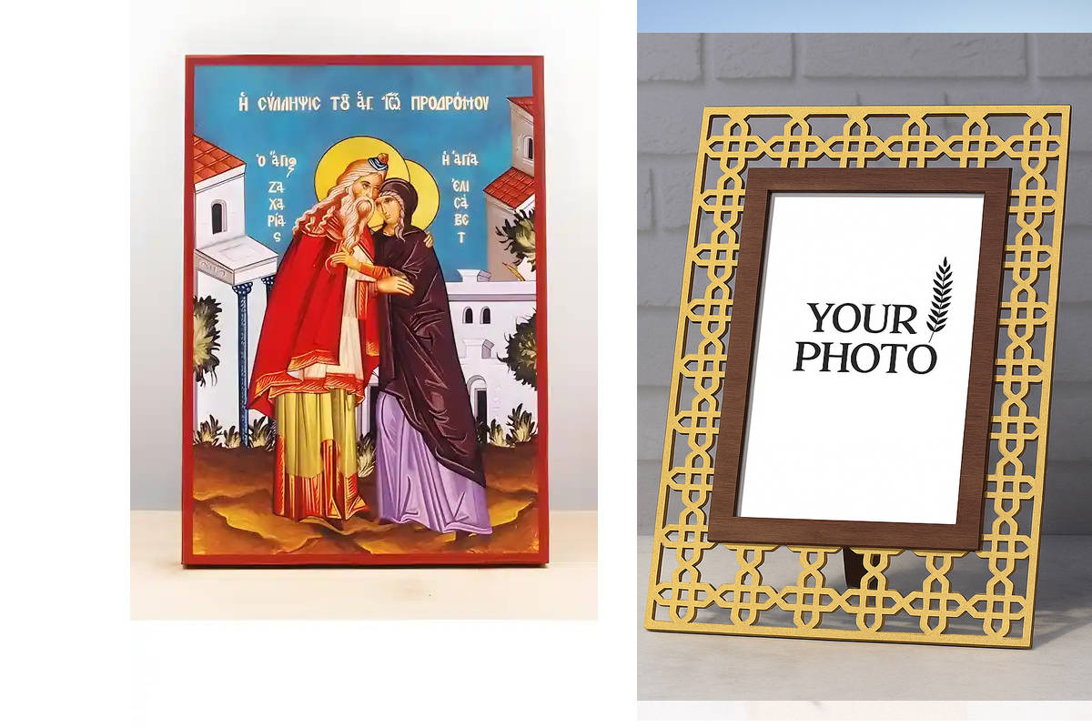 Σετ 2 τεμαχίων – Εικόνα Ορθοδοξίας Πολυτελείας  με  σχεδιο Σταυρούς μαζι με  Βάση σε  8 χρώματα με περίγραμμα χρυσό σε ξύλο Plywood (Πλακάζ)   με  βάση Η σύλληψη του Αγίου Ιωάννη του Βαπτιστή, Ξύλινη Χειροποίητη Εικόνα Ελληνικού Premium Βυζαντινού Στυλ Κρ