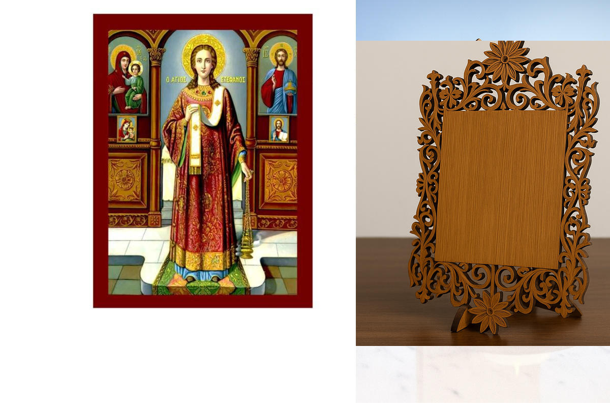Εικόνα Ορθοδοξίας Δαντέλα μαζι με  Βάση σε  8 χρώματα με περίγραμμα χρυσό σε ξύλο Plywood (Πλακάζ)   με  βάση Εικόνα Αγίου Στεφάνου Πρωτομάρτυρα, Χειροποίητη Χριστιανική Εικόνα Αγίου Στεφάνου, Επιτοίχια πλάκα Βυζαντινής Τέχνης, Χριστιανική Θρησκευτική Τέχ