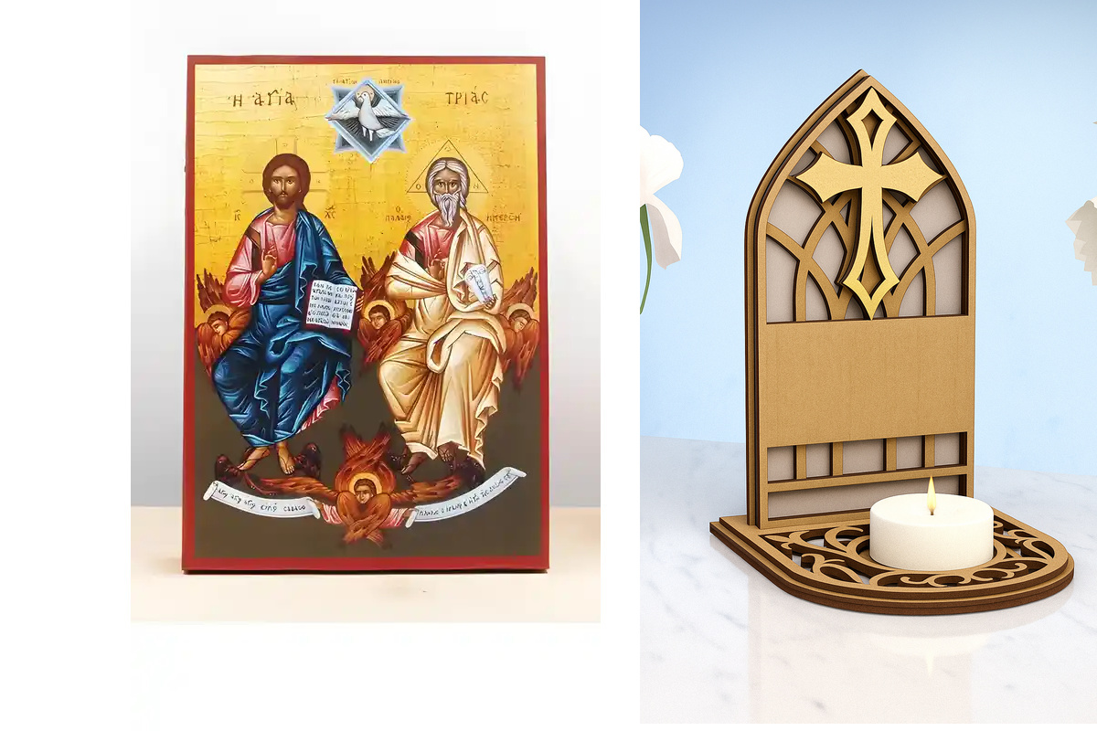 Εικόνα Ορθοδοξίας Καντηλάκι σε  8 χρώματα με περίγραμμα χρυσό σε ξύλο Plywood (Πλακάζ)   με  βάση Αγίας Τριάδας, Ξύλινη Χειροποίητη Εικόνα Ο τοίχος Ελληνικού Premium Βυζαντινού Στυλ Κρεμασμένος σε ξύλινη πλάκα Θρησκευτικό θέμα Χειροποίητη Ελληνορθόδοξη ει
