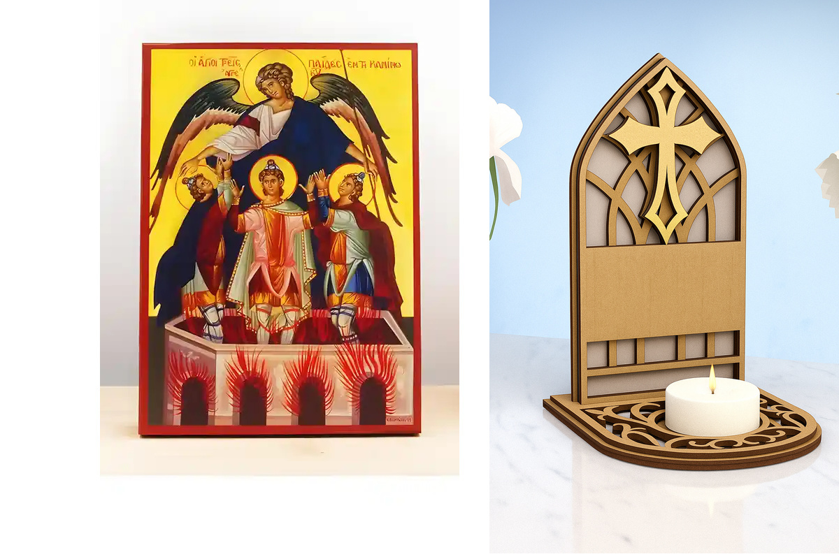 Σετ 2 τεμαχίων – Εικόνα Ορθοδοξίας Καντηλάκι σε  8 χρώματα με περίγραμμα χρυσό σε ξύλο Plywood (Πλακάζ)   με  βάση The Three Childrens in Camino “Abdenago, Shadrach and Misach”, Ξύλινη Χειροποίητη Εικόνα Ελληνικού Premium Βυζαντινού Στυλ Κρεμασμένη σε Πλά
