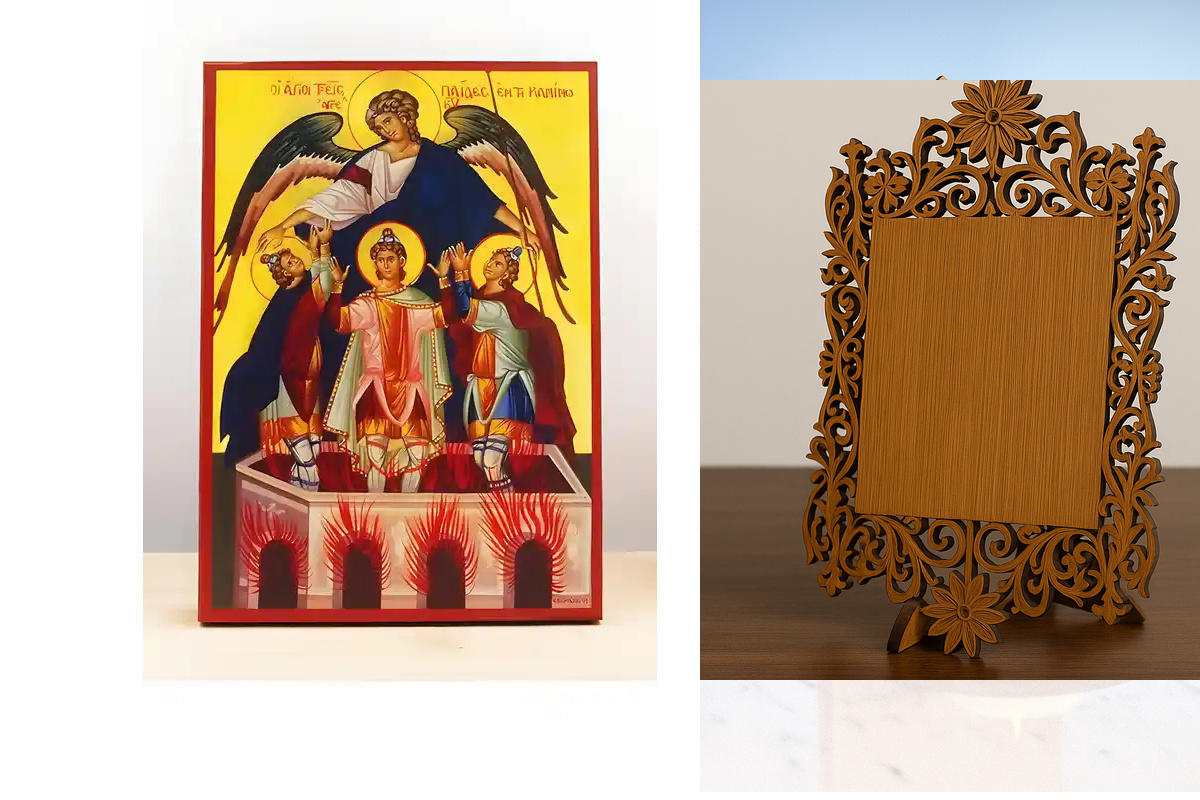 Εικόνα Ορθοδοξίας Δαντέλα μαζι με  Βάση σε  8 χρώματα με περίγραμμα χρυσό σε ξύλο Plywood (Πλακάζ)   με  βάση The Three Childrens in Camino “Abdenago, Shadrach and Misach”, Ξύλινη Χειροποίητη Εικόνα Ελληνικού Premium Βυζαντινού Στυλ Κρεμασμένη σε Πλάκα Χε