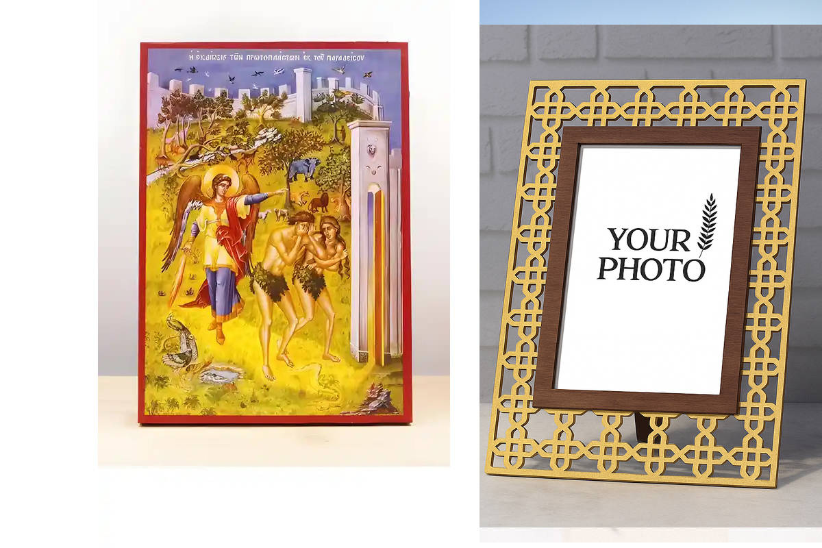 Εικόνα Ορθοδοξίας Πολυτελείας  με  σχεδιο Σταυρούς μαζι με  Βάση σε  8 χρώματα με περίγραμμα χρυσό σε ξύλο Plywood (Πλακάζ)   με  βάση Εκδίωξη του Αδάμ και της Εύας από τον Κήπο της Εδέμ, Ξύλινη Χειροποίητη Εικόνα Ελληνικού Premium Βυζαντινού Στυλ τοίχου