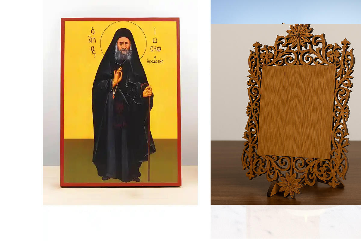 Εικόνα Ορθοδοξίας Δαντέλα μαζι με  Βάση σε  8 χρώματα με περίγραμμα χρυσό σε ξύλο Plywood (Πλακάζ)   με  βάση Άγιος Ιωσήφ ο Ησυχαστής Ολόσωμο, Ξύλινη Χειροποίητη Εικόνα Ελληνικού Βυζαντινού Στυλ Κρεμασμένο σε ξύλινη πλάκα Χειροποίητη Ελληνορθόδοξη εικόνα