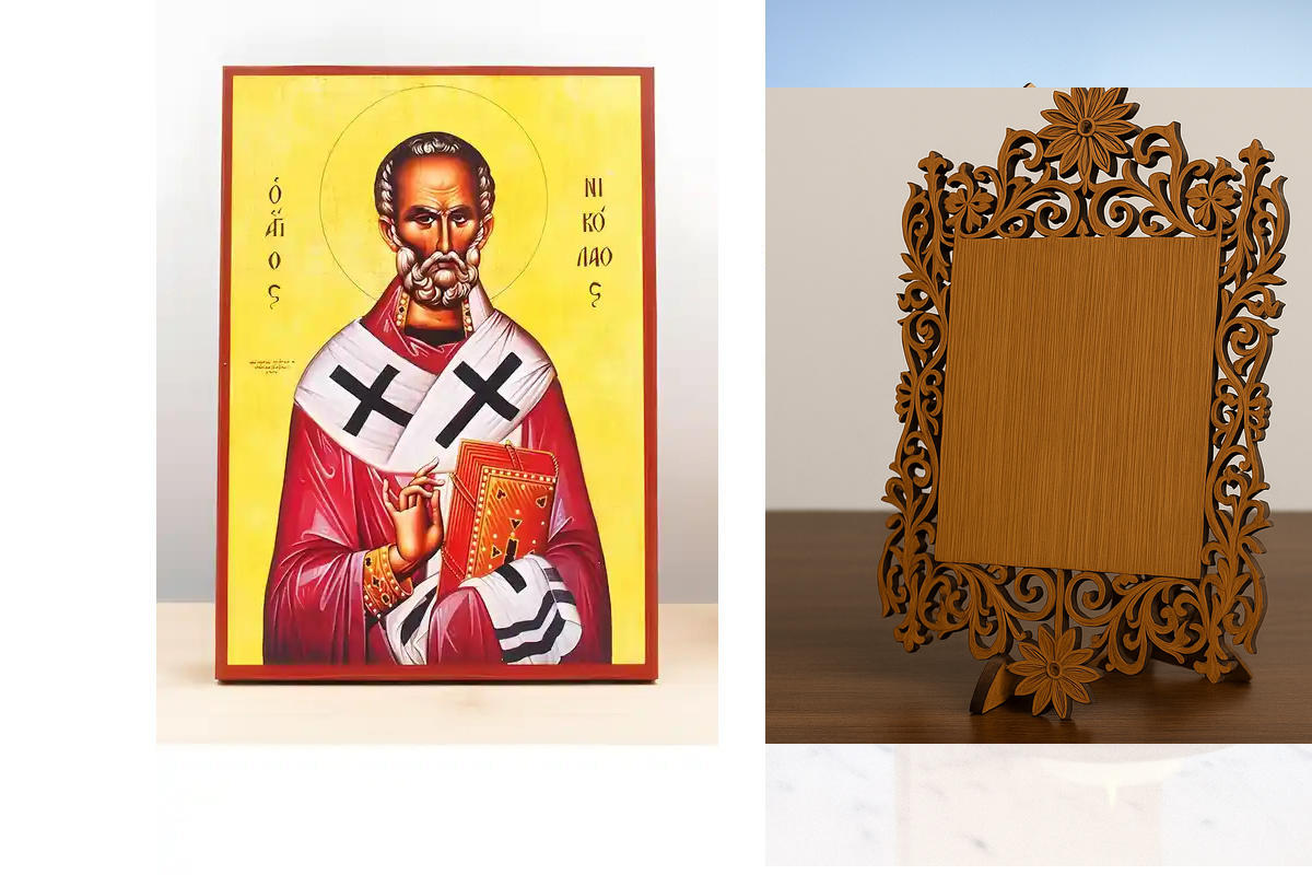 Σετ 2 τεμαχίων – Εικόνα Ορθοδοξίας Δαντέλα μαζι με  Βάση σε  8 χρώματα με περίγραμμα χρυσό σε ξύλο Plywood (Πλακάζ)   με  βάση Άγιος Νικόλαος των Μύρων, Ξύλινη Χειροποίητη Εικόνα Ελληνικού Premium Βυζαντινού Στυλ Κρεμασμένο σε ξύλινη πλάκα Θρησκευτικό Κόκ