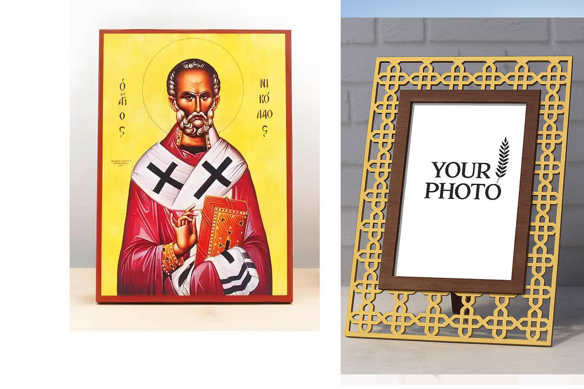 Εικόνα Ορθοδοξίας Πολυτελείας  με  σχεδιο Σταυρούς μαζι με  Βάση σε  8 χρώματα με περίγραμμα χρυσό σε ξύλο Plywood (Πλακάζ)   με  βάση Άγιος Νικόλαος των Μύρων, Ξύλινη Χειροποίητη Εικόνα Ελληνικού Premium Βυζαντινού Στυλ Κρεμασμένο σε ξύλινη πλάκα Θρησκευ