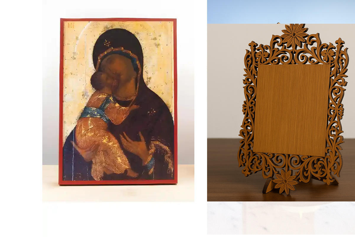 Εικόνα Ορθοδοξίας Δαντέλα μαζι με  Βάση σε  8 χρώματα με περίγραμμα χρυσό σε ξύλο Plywood (Πλακάζ)   με  βάση Παναγία του Βλαδίμηρου με τον Ιησού Παλιάς τεχνοτροπίας, Ξύλινη Χειροποίητη Εικόνα Ελληνικής Κορυφαίας Βυζαντινής Στυλ Κρεμασμένη σε ξύλινη πλάκα