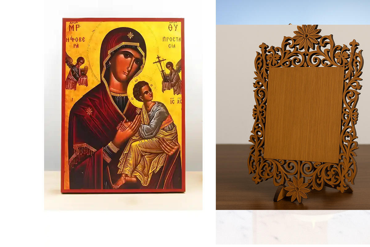 Εικόνα Ορθοδοξίας Δαντέλα μαζι με  Βάση σε  8 χρώματα με περίγραμμα χρυσό σε ξύλο Plywood (Πλακάζ)   με  βάση Παναγία Φοβερά Προστασία «Φοβέρα Προστάσια», Ξύλινη Χειροποίητη Εικόνα Ελληνικής Premium Βυζαντινού Στυλ Κρεμαστή σε ξύλινη πλάκα Χειροποίητη Ελλ