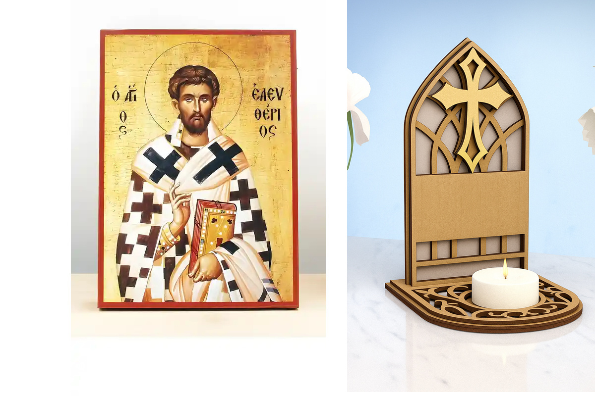 Εικόνα Ορθοδοξίας Καντηλάκι σε  8 χρώματα με περίγραμμα χρυσό σε ξύλο Plywood (Πλακάζ)   με  βάση Άγιος Ελευθέριος, Ξύλινη Χειροποίητη Εικόνα Ελληνικού Premium Βυζαντινού Στυλ Κρεμαστή σε ξύλινη πλάκα Θρησκευτικό θέμα Χειροποίητη Ελληνορθόδοξη εικόνα του