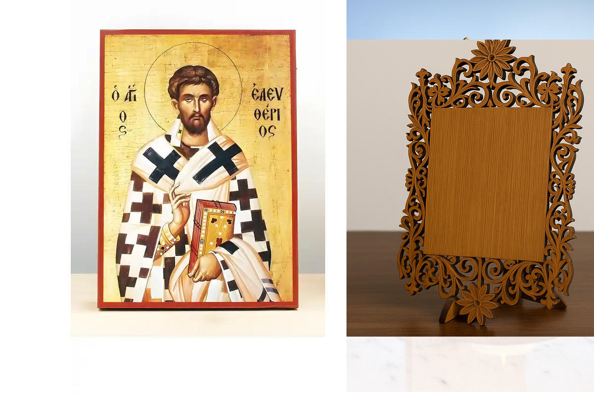 Εικόνα Ορθοδοξίας Δαντέλα μαζι με  Βάση σε  8 χρώματα με περίγραμμα χρυσό σε ξύλο Plywood (Πλακάζ)   με  βάση Άγιος Ελευθέριος, Ξύλινη Χειροποίητη Εικόνα Ελληνικού Premium Βυζαντινού Στυλ Κρεμαστή σε ξύλινη πλάκα Θρησκευτικό θέμα Χειροποίητη Ελληνορθόδοξη