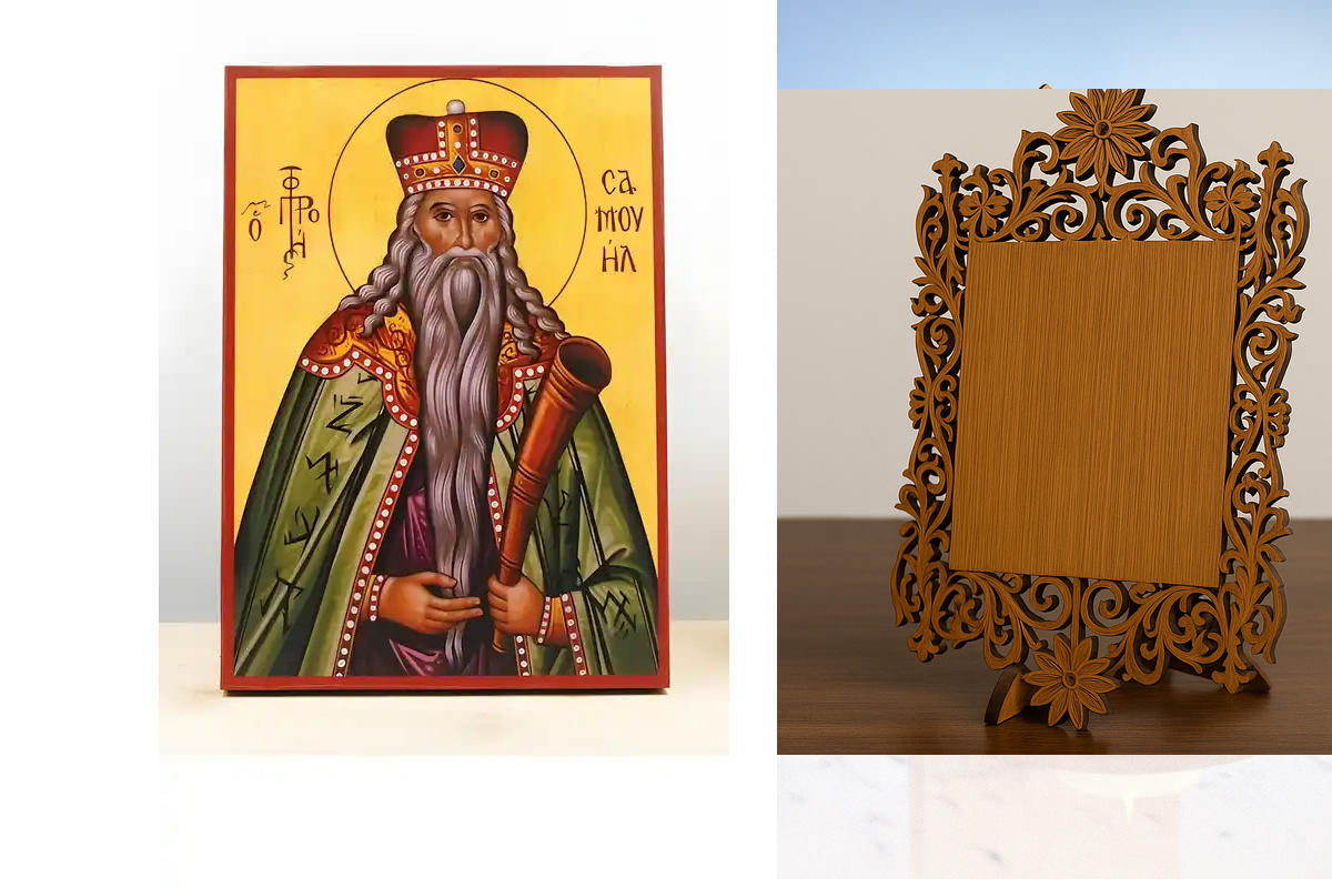 Σετ 2 τεμαχίων – Εικόνα Ορθοδοξίας Δαντέλα μαζι με  Βάση σε  8 χρώματα με περίγραμμα χρυσό σε ξύλο Plywood (Πλακάζ)   με  βάση Άγιος Προφήτης Σαμουήλ, Ξύλινη Χειροποίητη Εικόνα Ελληνικού Premium Βυζαντινού Στυλ Κρεμαστή σε ξύλινη πλάκα Θρησκευτικό θέμα Χε
