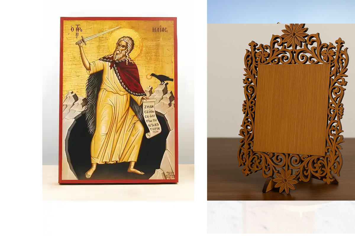 Εικόνα Ορθοδοξίας Δαντέλα μαζι με  Βάση σε  8 χρώματα με περίγραμμα χρυσό σε ξύλο Plywood (Πλακάζ)   με  βάση Άγιος Προφήτης Ηλίας ή Ολόσωμος Ηλίας, Ξύλινη Χειροποίητη Εικόνα Ελληνικού Βυζαντινού Στυλ τοίχου Κρεμαστή σε ξύλινη πλάκα Θρησκευτικό θέμα Χειρο