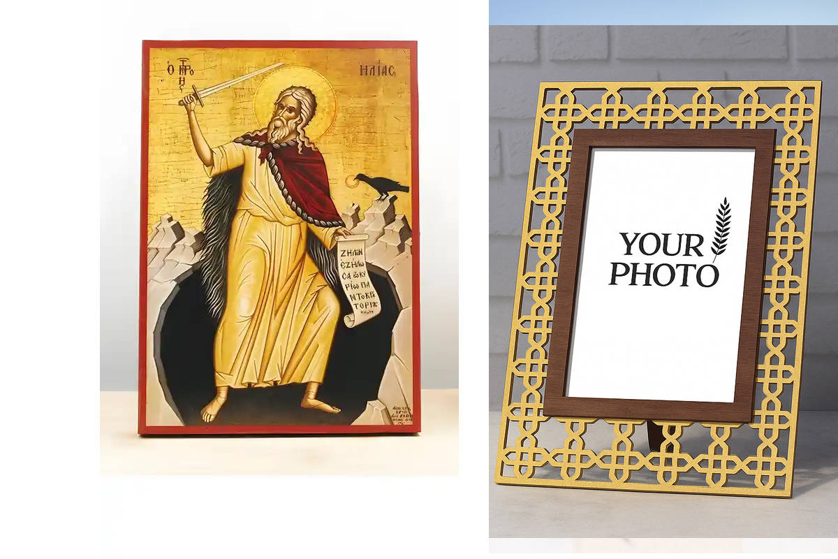 Εικόνα Ορθοδοξίας Πολυτελείας  με  σχεδιο Σταυρούς μαζι με  Βάση σε  8 χρώματα με περίγραμμα χρυσό σε ξύλο Plywood (Πλακάζ)   με  βάση Άγιος Προφήτης Ηλίας ή Ολόσωμος Ηλίας, Ξύλινη Χειροποίητη Εικόνα Ελληνικού Βυζαντινού Στυλ τοίχου Κρεμαστή σε ξύλινη πλά