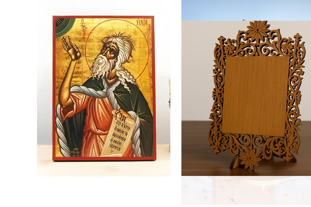Σετ 2 τεμαχίων – Εικόνα Ορθοδοξίας Δαντέλα μαζι με  Βάση σε  8 χρώματα με περίγραμμα χρυσό σε ξύλο Plywood (Πλακάζ)   με  βάση Άγιος Προφήτης Ηλίας ή Ηλίας, Ξύλινη Χειροποίητη Εικόνα Ελληνικού Premium Βυζαντινού Στυλ Κρεμασμένο σε ξύλινη πλάκα Θρησκευτικό