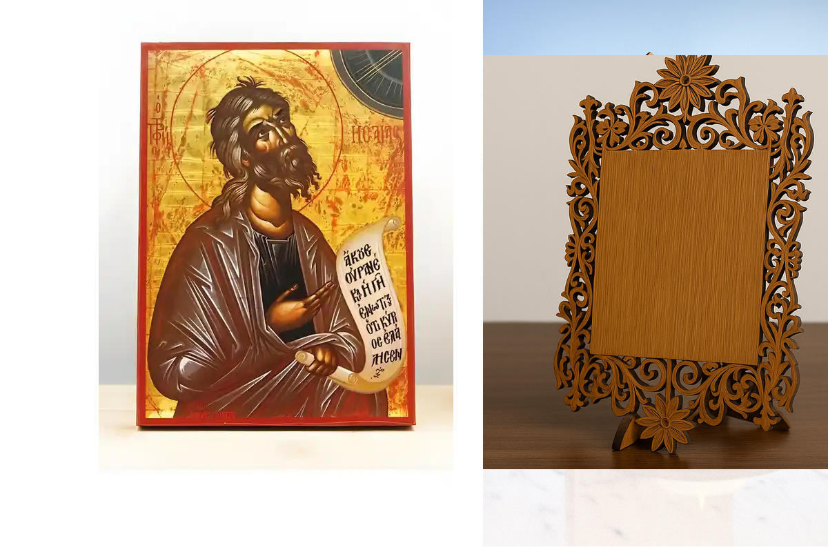 Σετ 2 τεμαχίων – Εικόνα Ορθοδοξίας Δαντέλα μαζι με  Βάση σε  8 χρώματα με περίγραμμα χρυσό σε ξύλο Plywood (Πλακάζ)   με  βάση Άγιος Προφήτης Ησαΐας, Ξύλινη Χειροποίητη Εικόνα Ελληνικού Premium Βυζαντινού Στυλ Κρεμαστή σε ξύλινη πλάκα Θρησκευτικό θέμα Χει