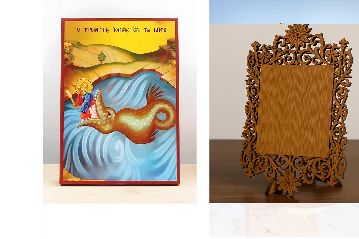 Εικόνα Ορθοδοξίας Δαντέλα μαζι με  Βάση σε  8 χρώματα με περίγραμμα χρυσό σε ξύλο Plywood (Πλακάζ)   με  βάση Ο Άγιος Προφήτης Ιωνάς και η Φάλαινα, Ξύλινη Χειροποίητη Εικόνα Ελληνικού Premium Βυζαντινού Στυλ Κρεμασμένο σε ξύλινη πλάκα Θρησκευτικό θέμα Χει