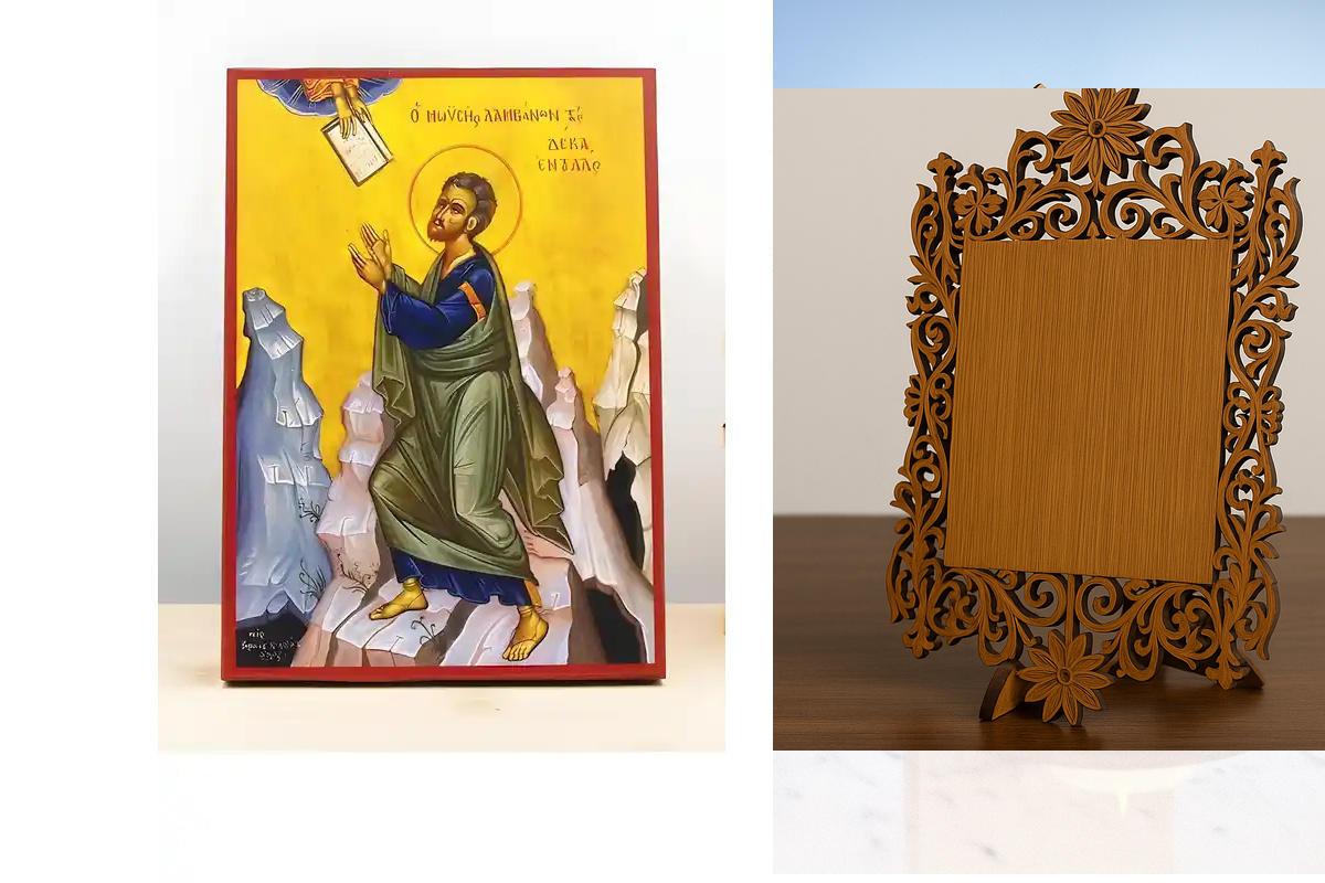 Εικόνα Ορθοδοξίας Δαντέλα μαζι με  Βάση σε  8 χρώματα με περίγραμμα χρυσό σε ξύλο Plywood (Πλακάζ)   με  βάση Ο Μωυσής λαμβάνει τις Δέκα Εντολές, Ξύλινη Χειροποίητη Εικόνα Ελληνικού Βυζαντινού Στυλ τοίχου Κρεμασμένη σε ξύλινη πλάκα Θρησκευτικό θέμα Χειροπ