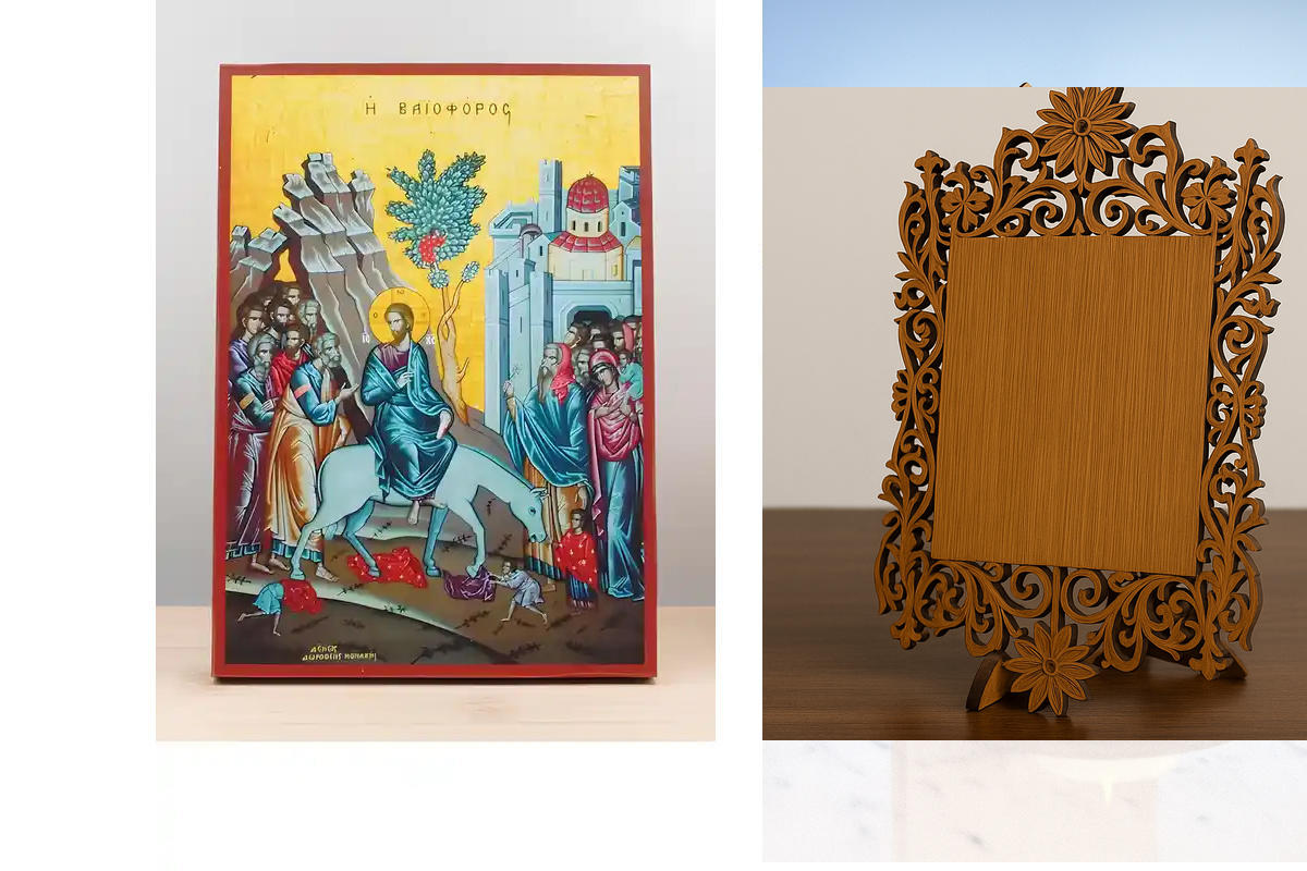 Σετ 2 τεμαχίων – Εικόνα Ορθοδοξίας Δαντέλα μαζι με  Βάση σε  8 χρώματα με περίγραμμα χρυσό σε ξύλο Plywood (Πλακάζ)   με  βάση Ιησούς Χριστός η Είσοδος στην Ιερουσαλήμ «Βαϊοφόρος», Ξύλινη Χειροποίητη Εικόνα Ελληνικής Premium Βυζαντινού Στυλ τοίχου Κρεμασμ