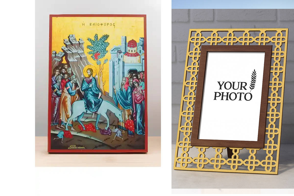 Εικόνα Ορθοδοξίας Πολυτελείας  με  σχεδιο Σταυρούς μαζι με  Βάση σε  8 χρώματα με περίγραμμα χρυσό σε ξύλο Plywood (Πλακάζ)   με  βάση Ιησούς Χριστός η Είσοδος στην Ιερουσαλήμ «Βαϊοφόρος», Ξύλινη Χειροποίητη Εικόνα Ελληνικής Premium Βυζαντινού Στυλ τοίχου