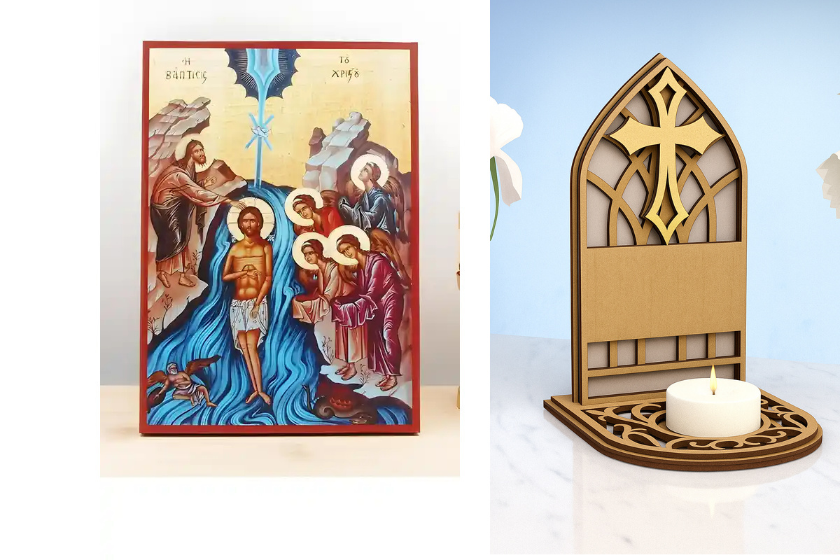 Εικόνα Ορθοδοξίας Καντηλάκι σε  8 χρώματα με περίγραμμα χρυσό σε ξύλο Plywood (Πλακάζ)   με  βάση Η Βάπτιση του Ιησού Χριστού, Ξύλινη Χειροποίητη Εικόνα Ελληνικού Premium Βυζαντινού Στυλ Κρεμασμένο σε ξύλινη πλάκα Ορθόδοξο Θρησκευτικό Θέμα Χειροποίητη Ελλ