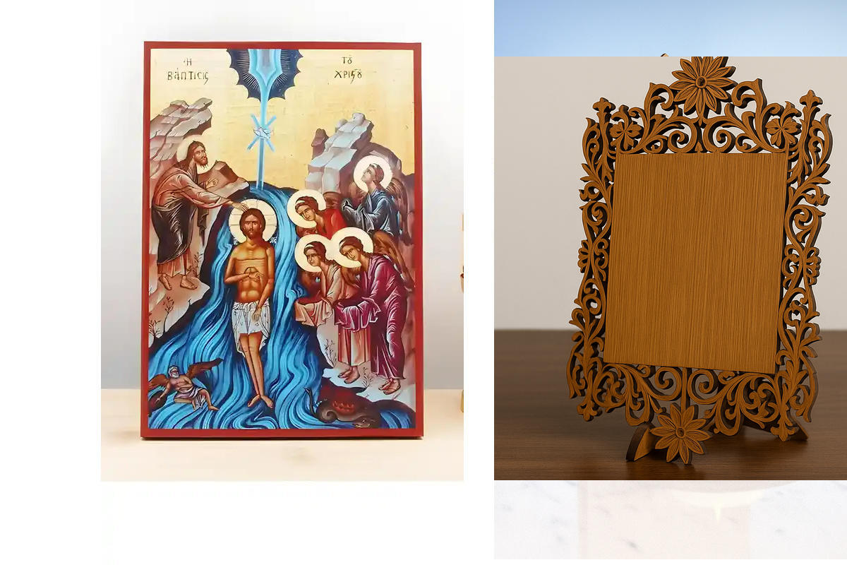 Εικόνα Ορθοδοξίας Δαντέλα μαζι με  Βάση σε  8 χρώματα με περίγραμμα χρυσό σε ξύλο Plywood (Πλακάζ)   με  βάση Η Βάπτιση του Ιησού Χριστού, Ξύλινη Χειροποίητη Εικόνα Ελληνικού Premium Βυζαντινού Στυλ Κρεμασμένο σε ξύλινη πλάκα Ορθόδοξο Θρησκευτικό Θέμα Χει