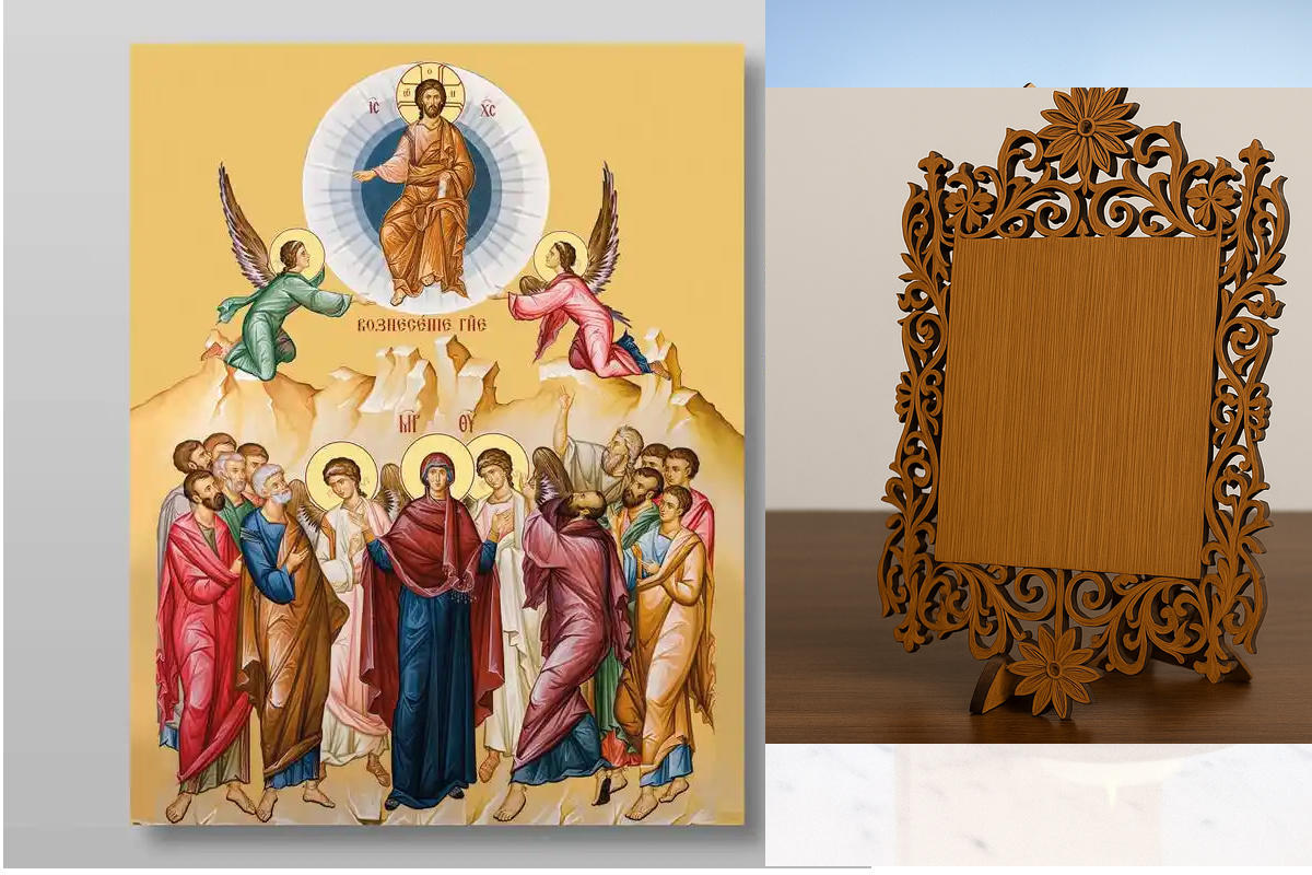 Εικόνα Ορθοδοξίας Δαντέλα μαζι με  Βάση σε  8 χρώματα με περίγραμμα χρυσό σε ξύλο Plywood (Πλακάζ)   με  βάση Η Ανάληψη του Κυρίου μας Ιησού Χριστού, Χειροποίητη Ελληνορθόδοξη , Κρεμαστή πλάκα βυζαντινής τέχνης, χριστιανική τέχνη Διάσταση 50x40 cm (19,7 x