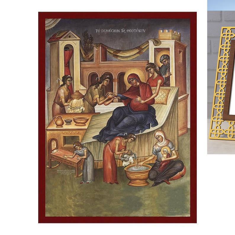 Εικόνα Ορθοδοξίας Πολυτελείας  με  σχεδιο Σταυρούς μαζι με  Βάση σε  8 χρώματα με περίγραμμα χρυσό σε ξύλο Plywood (Πλακάζ)   με  βάση Η εικόνα της Γέννησης της Θεοτόκου, Χειροποίητη Ελληνική εικόνα της Γέννησης της Θεοτόκου, επιτοίχια πλάκα βυζαντινής τέ
