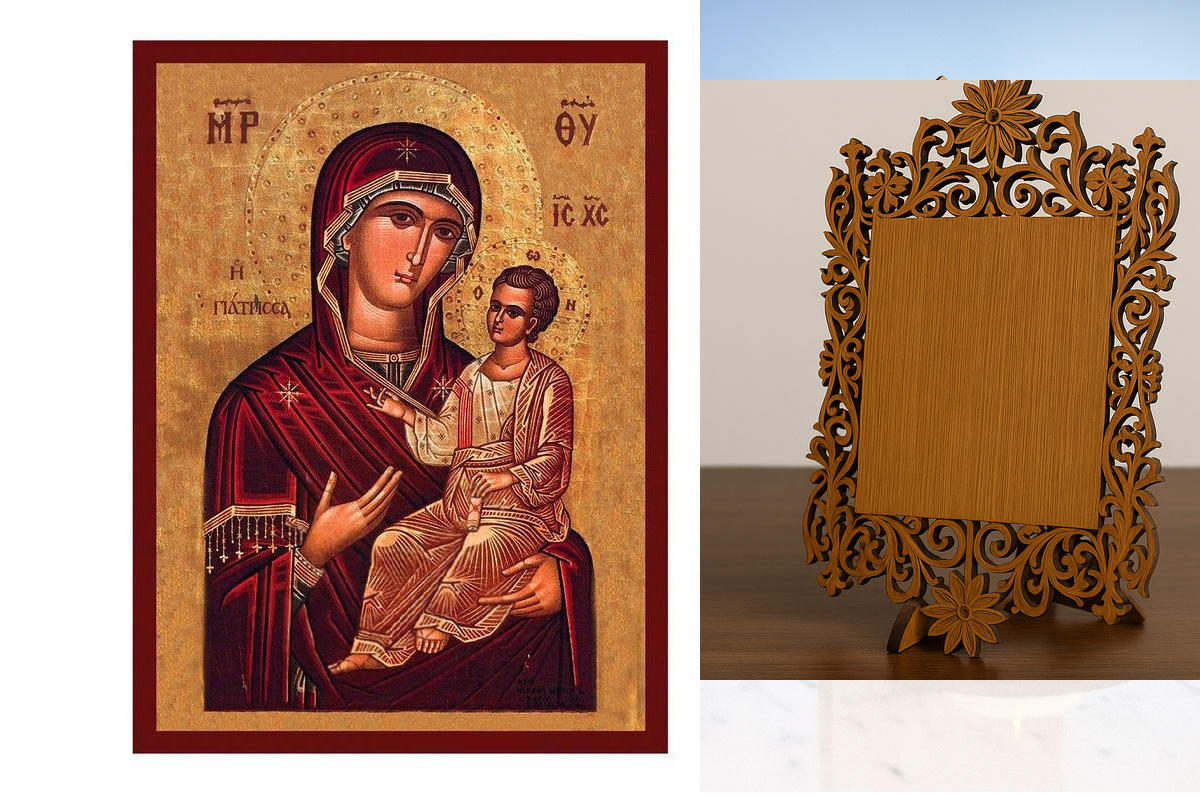 Εικόνα Ορθοδοξίας Δαντέλα μαζι με  Βάση σε  8 χρώματα με περίγραμμα χρυσό σε ξύλο Plywood (Πλακάζ)   με  βάση Virgin Mary The Healer Icon, Χειροποίητη ελληνική εικόνα της Παναγίας The Healer, επιτοίχια πλάκα βυζαντινής τέχνης, χριστιανικό δώρο Διάσταση 10