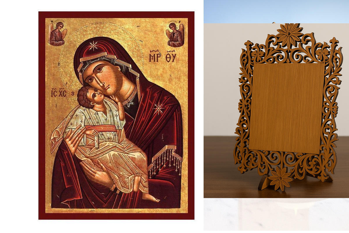 Εικόνα Ορθοδοξίας Δαντέλα μαζι με  Βάση σε  8 χρώματα με περίγραμμα χρυσό σε ξύλο Plywood (Πλακάζ)   με  βάση Η εικόνα της μητέρας που φιλάει γλυκά, χειροποίητη ελληνική εικόνα της Παναγίας Γλυκό φιλί, επιτοίχια πλάκα βυζαντινής τέχνης, χριστιανικό δώρο Δ