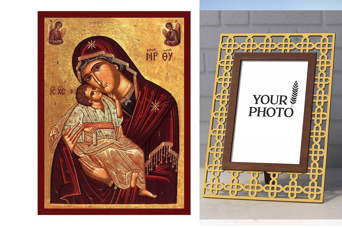 Εικόνα Ορθοδοξίας Πολυτελείας  με  σχεδιο Σταυρούς μαζι με  Βάση σε  8 χρώματα με περίγραμμα χρυσό σε ξύλο Plywood (Πλακάζ)   με  βάση Η εικόνα της μητέρας που φιλάει γλυκά, χειροποίητη ελληνική εικόνα της Παναγίας Γλυκό φιλί, επιτοίχια πλάκα βυζαντινής τ