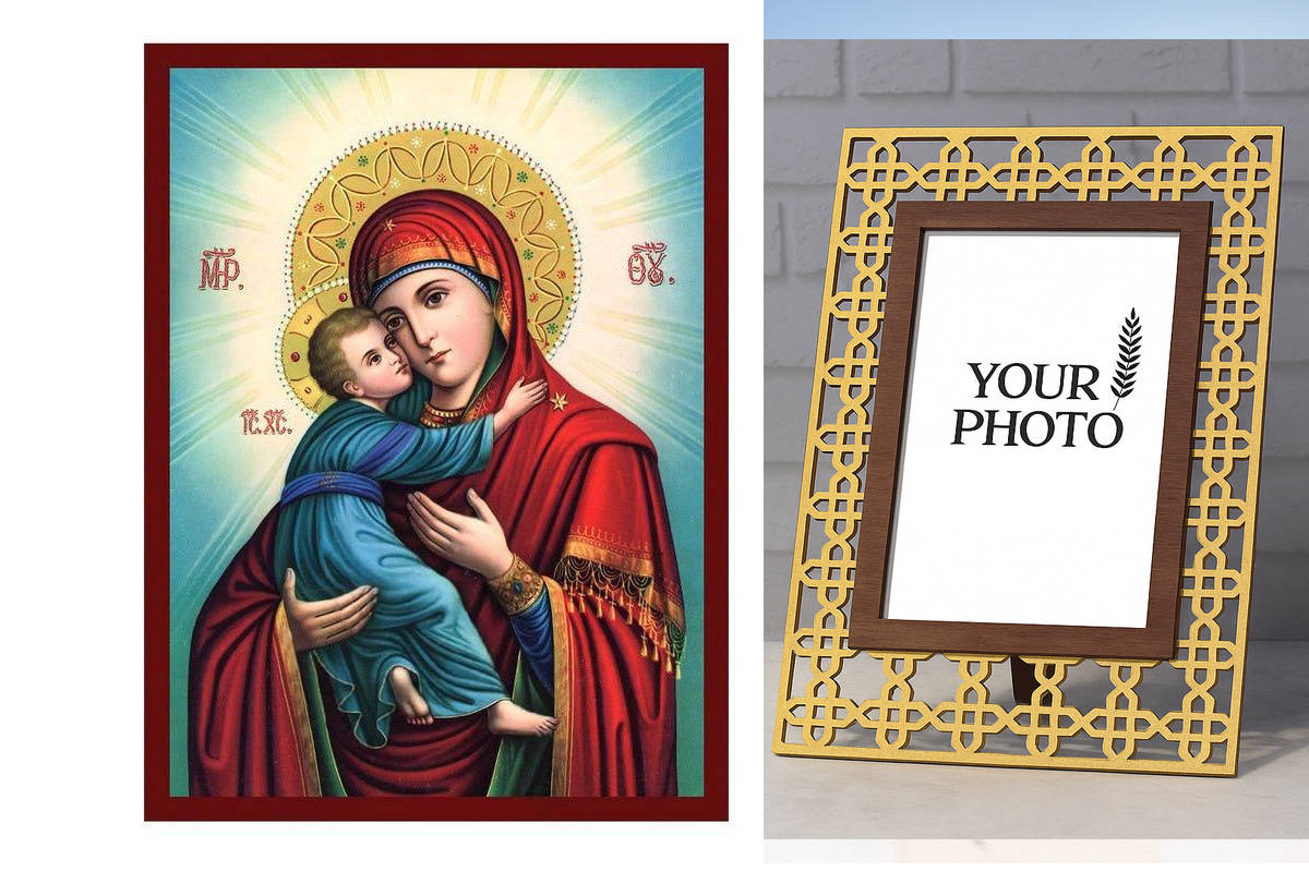 Εικόνα Ορθοδοξίας Πολυτελείας  με  σχεδιο Σταυρούς μαζι με  Βάση σε  8 χρώματα με περίγραμμα χρυσό σε ξύλο Plywood (Πλακάζ)   με  βάση The Sweet-Kissing Virgin Mary Icon, Χειροποίητη ελληνική εικόνα της Παναγίας Sweet Kiss, επιτοίχια πλάκα βυζαντινής τέχν