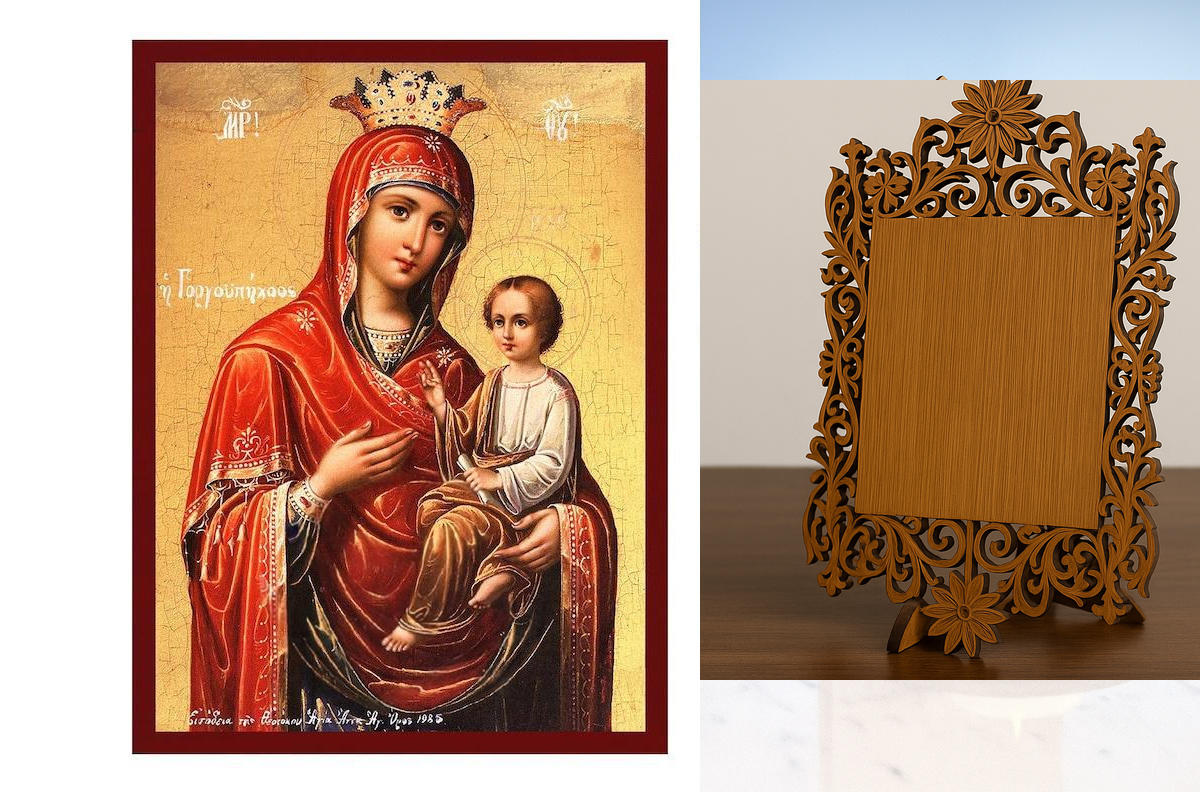 Εικόνα Ορθοδοξίας Δαντέλα μαζι με  Βάση σε  8 χρώματα με περίγραμμα χρυσό σε ξύλο Plywood (Πλακάζ)   με  βάση Παναγία Γρήγορη Εικόνα, Χειροποίητη Ελληνική εικόνα της Παναγίας Γοργοεπηκόου, Κρεμαστή πλάκα βυζαντινής τέχνης, χριστιανικό δώρο Διάσταση 45x35