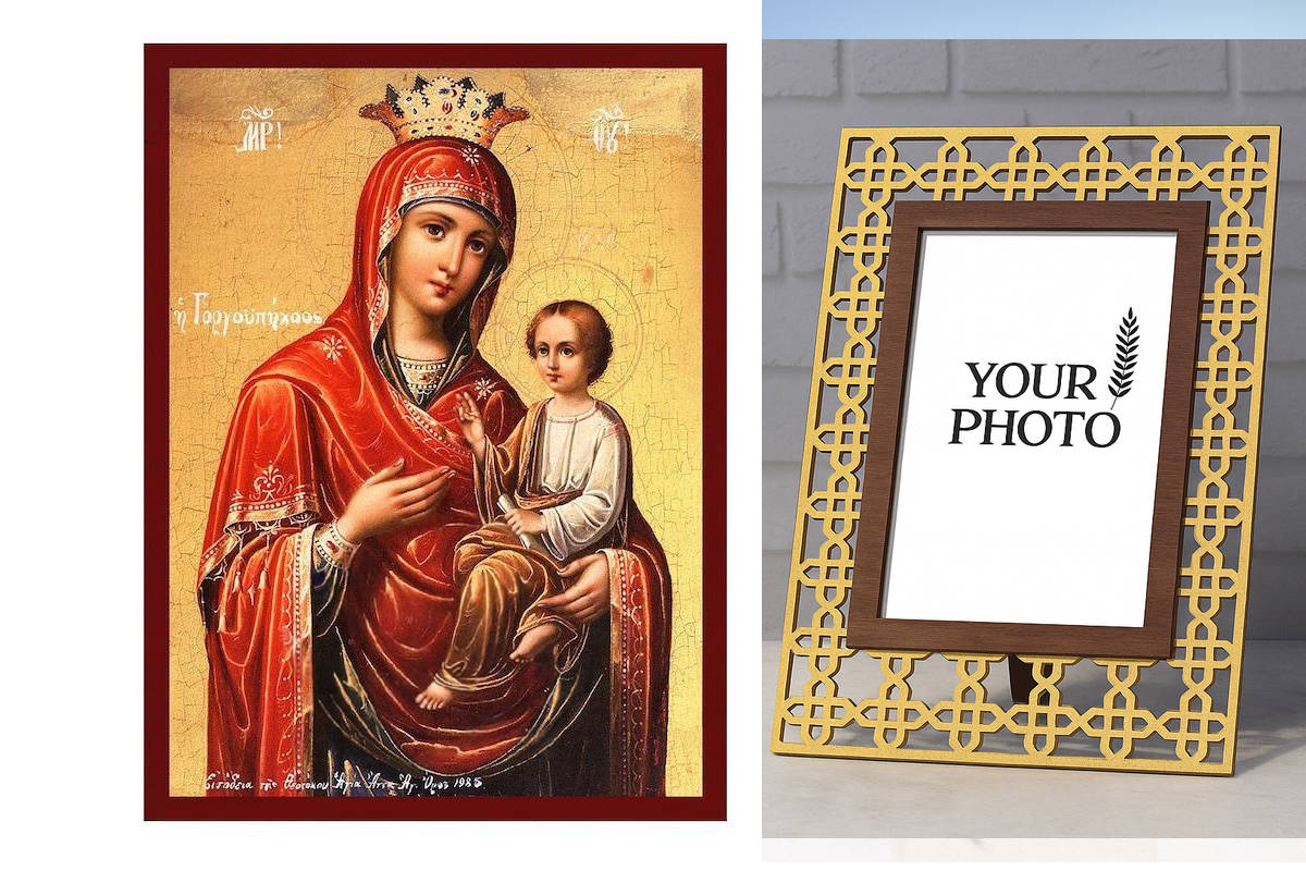 Σετ 2 τεμαχίων – Εικόνα Ορθοδοξίας Πολυτελείας  με  σχεδιο Σταυρούς μαζι με  Βάση σε  8 χρώματα με περίγραμμα χρυσό σε ξύλο Plywood (Πλακάζ)   με  βάση Παναγία Γρήγορη Εικόνα, Χειροποίητη Ελληνική εικόνα της Παναγίας Γοργοεπηκόου, Κρεμαστή πλάκα βυζαντινή